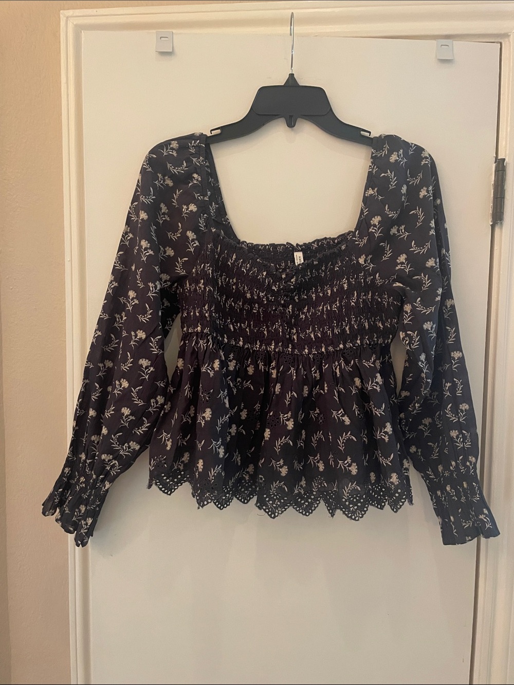 American Eagle Outfitters Black Floral Smocked Peplum Blouse with Cream Print